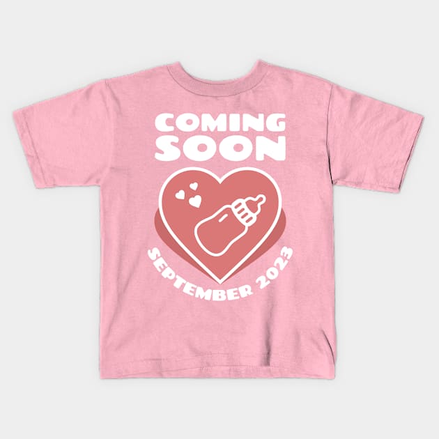 Baby Announcement. Feeding Bottle. Coming soon. September 2023 birthday Kids T-Shirt by KOTYA